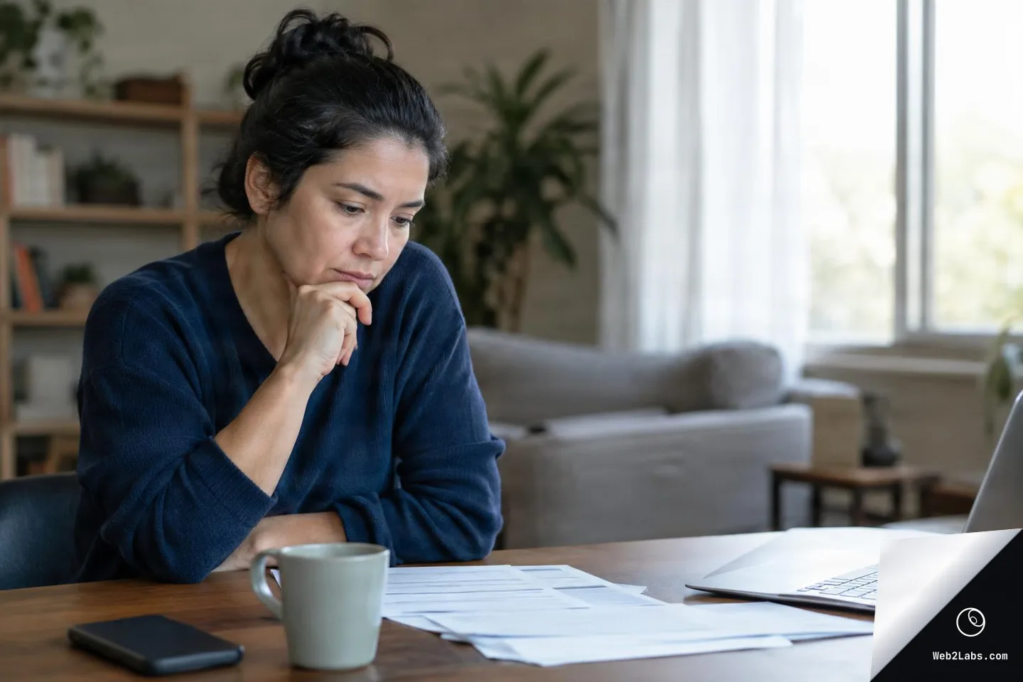 Woman with hand on chin looks worried while sitting at a wooden table with scattered papers, a mug, a phone, and an open laptop in a bright living room.