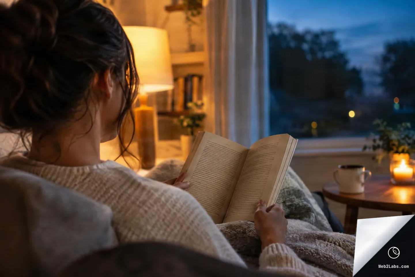 Over-the-shoulder view of a person in a knit sweater reading an open book on a couch, with a warm lamp, a candle, and a mug on a side table near a window showing dusk outside.