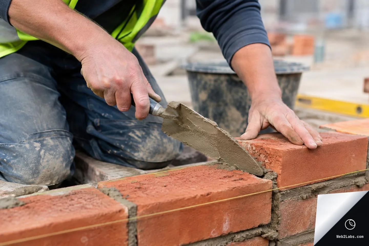 Close-up of a worker's hands spreading mortar with a trowel while laying red bricks on a construction site, with a guide string and bucket in the background.
