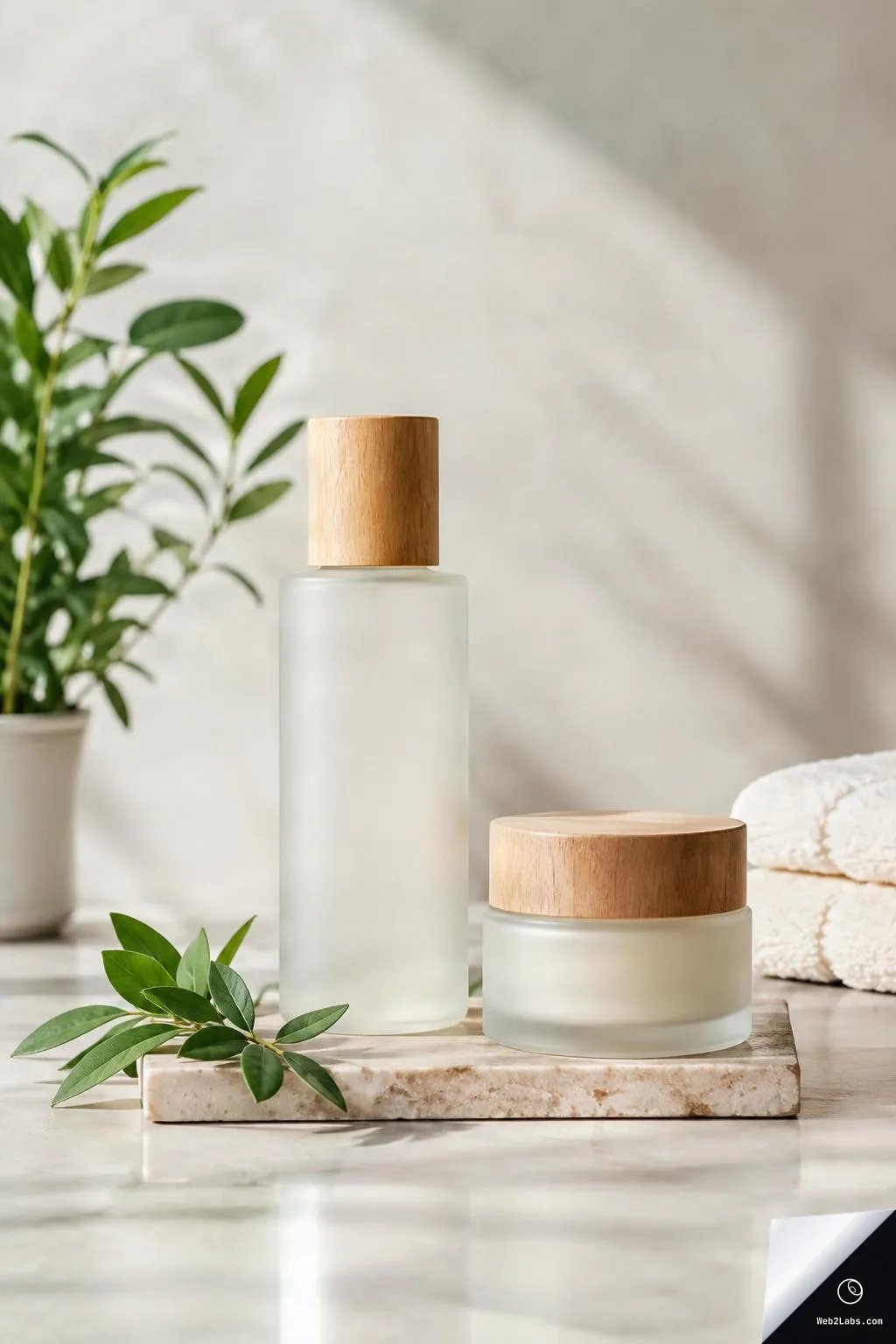 Frosted glass skincare bottle and cream jar with wooden lids on a marble slab, with green leaves, a potted plant, and folded towels in soft natural light.