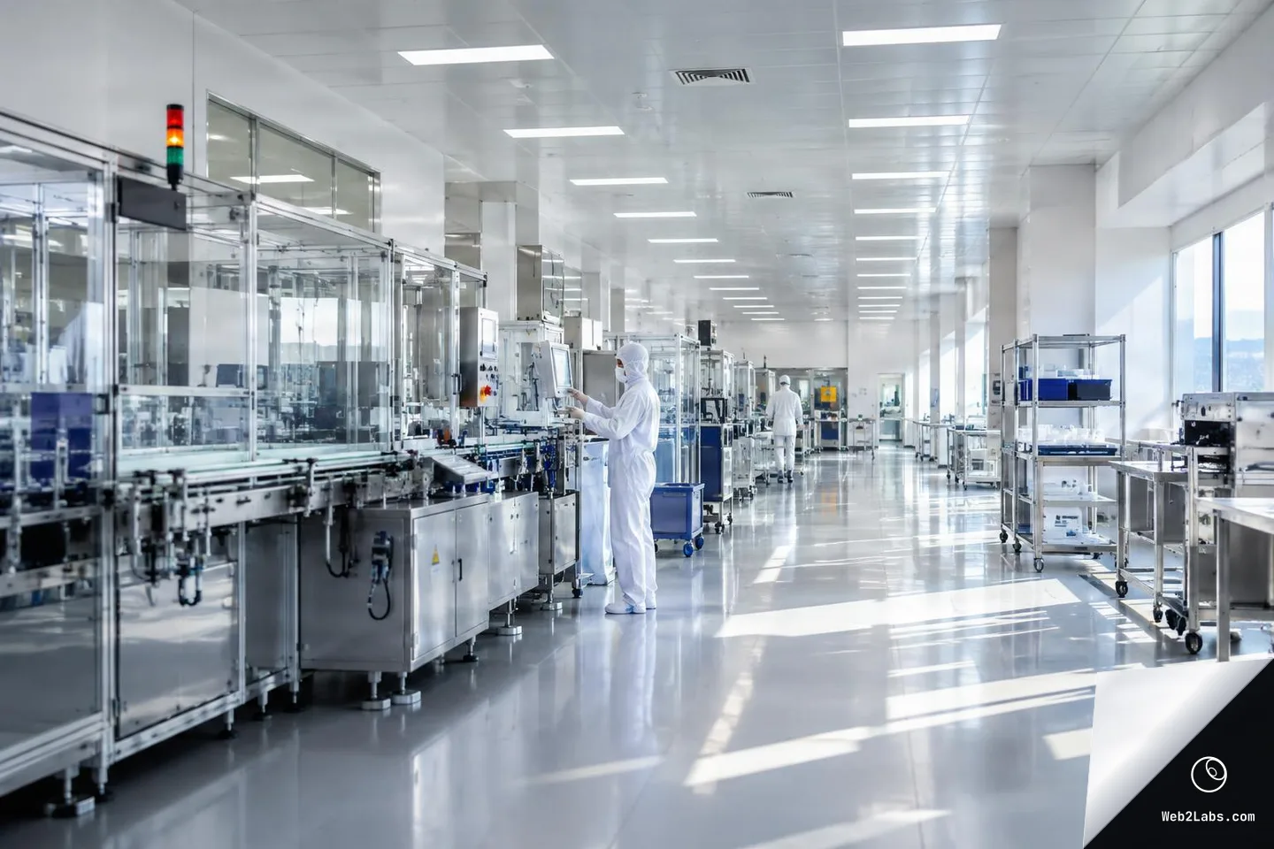 Wide view of a bright cleanroom manufacturing floor with glass-enclosed production machines, rolling stainless carts, and two workers in white cleanroom suits, lit by daylight from large windows casting long shadows on the glossy floor.