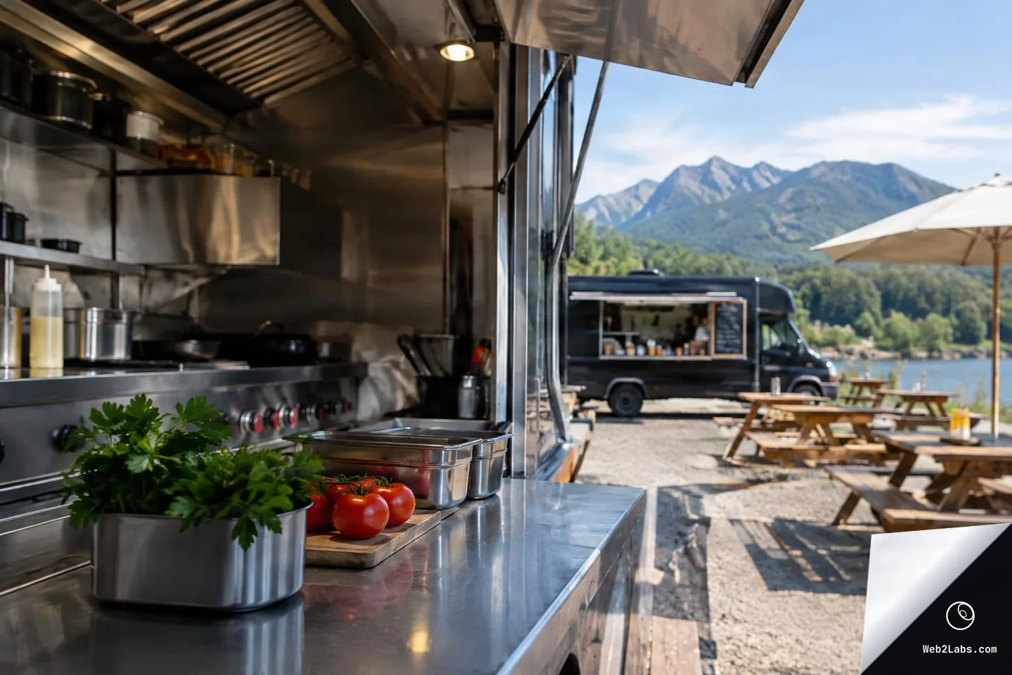 Interior of a food truck kitchen with stainless appliances and a prep counter holding parsley and tomatoes in the foreground; outside are picnic tables, a black food truck, and mountains near a lake in daylight.