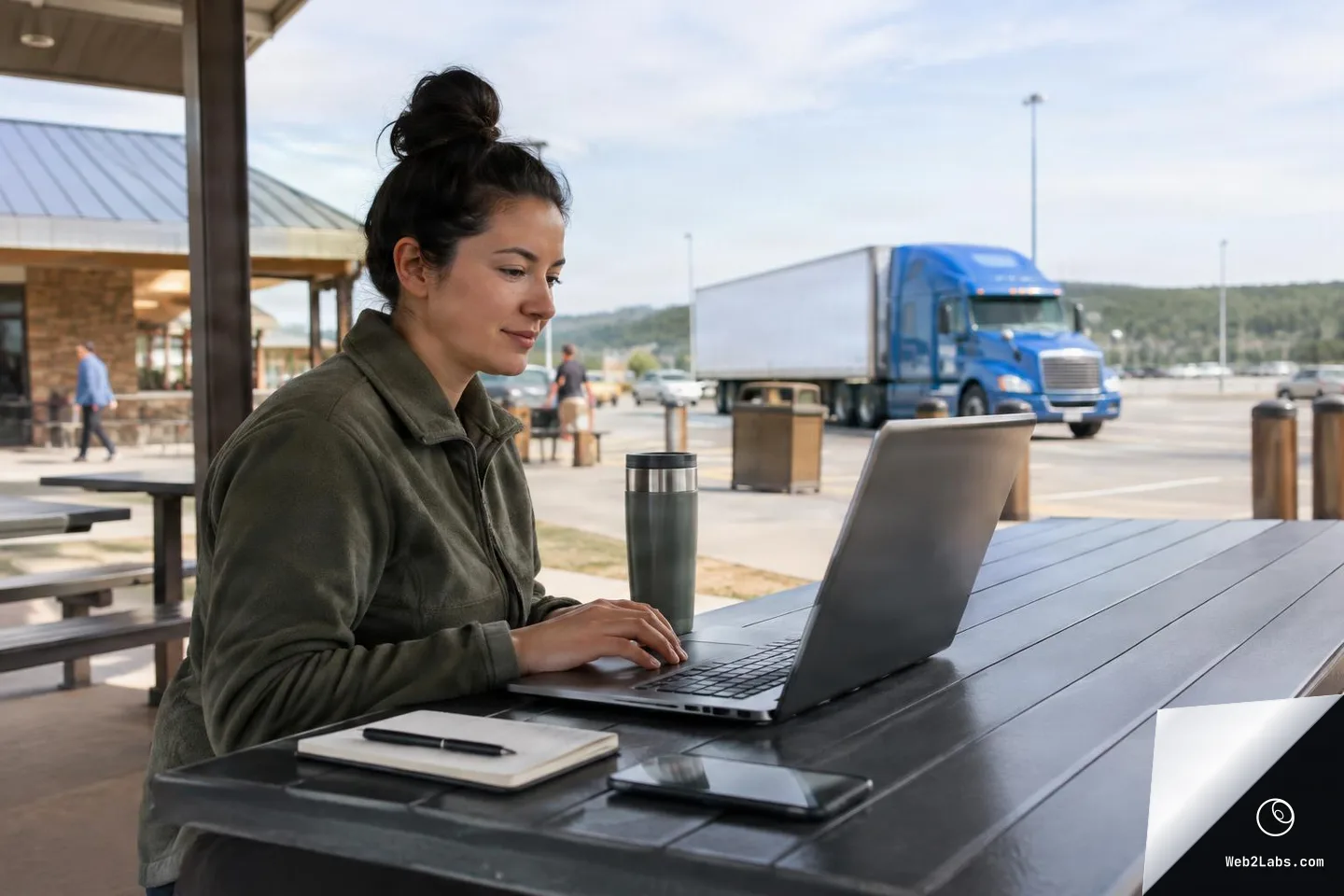 Woman using a laptop at an outdoor picnic table at a roadside rest stop, with a travel mug, notebook, and a semi truck in the background.