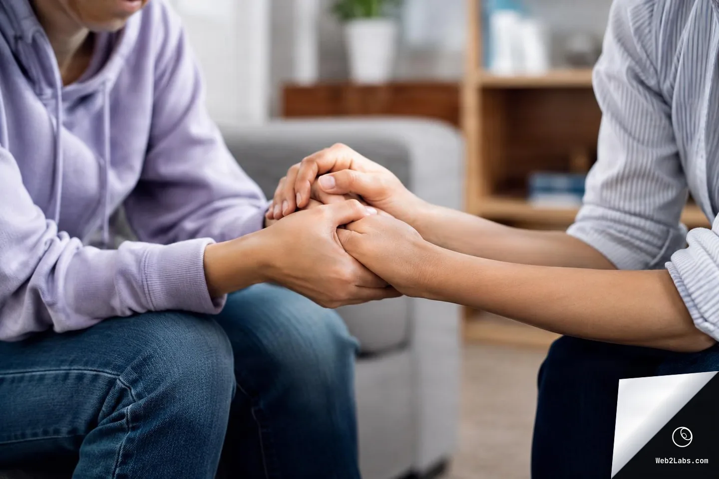 Two people sitting indoors gently holding each other's hands in a supportive gesture, with a softly blurred home interior in the background.