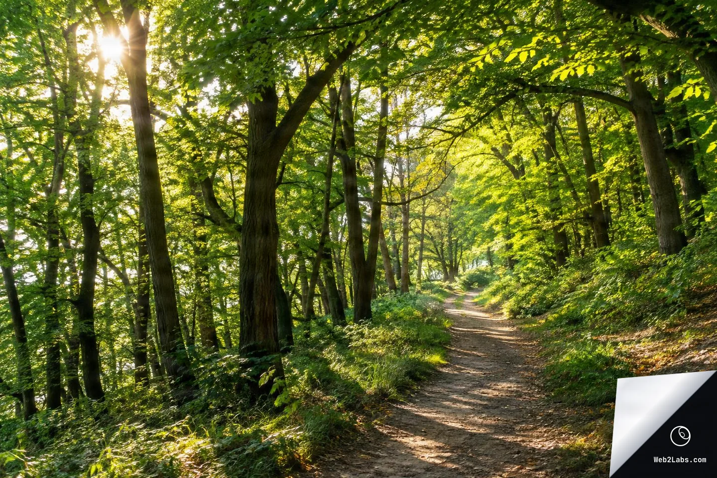 Sunlight filters through a leafy green forest canopy over a winding dirt trail on a gentle hillside.
