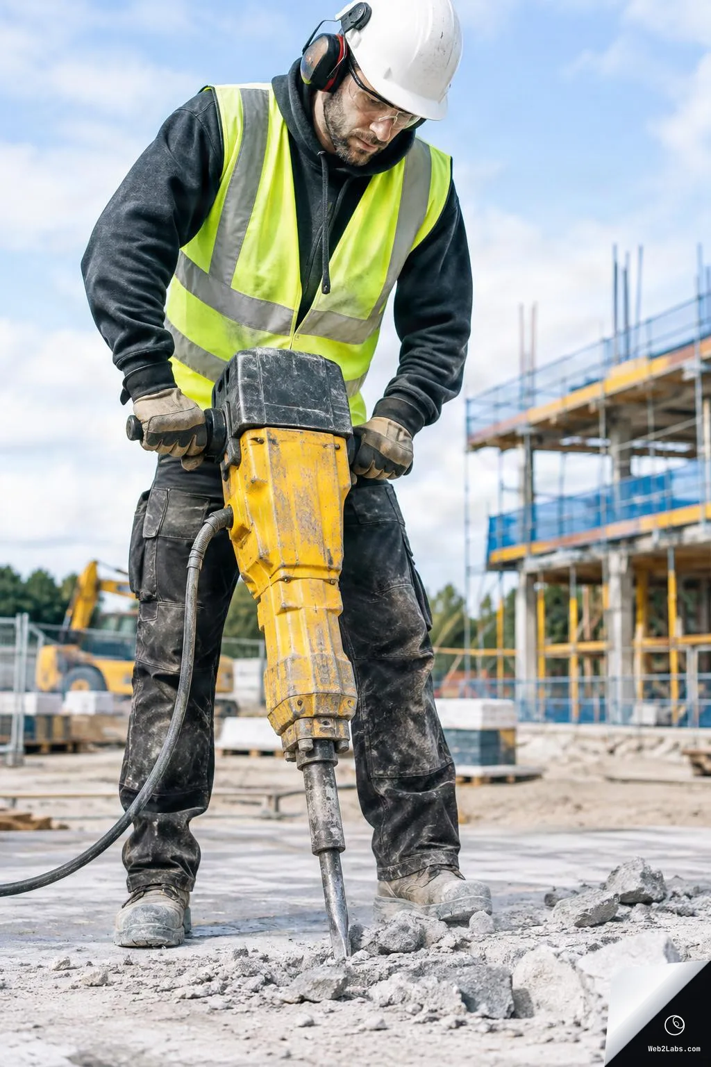 Construction worker wearing a hard hat, ear protection, and hi-vis vest uses a jackhammer to break up concrete at an outdoor building site, with scaffolding in the background.