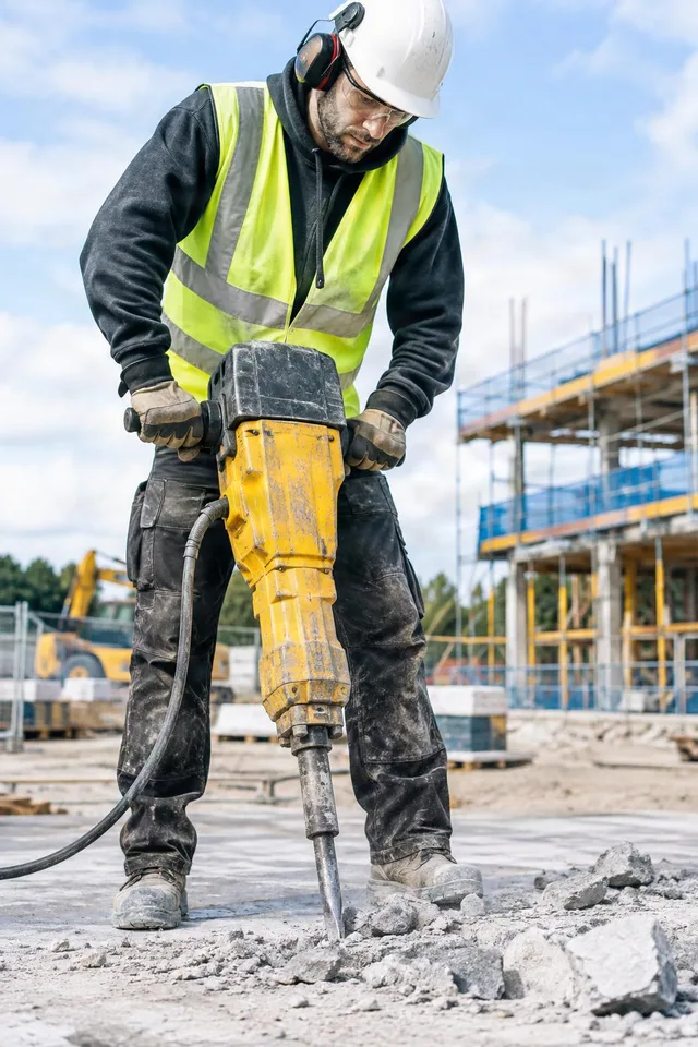 Worker Using Jackhammer on Site