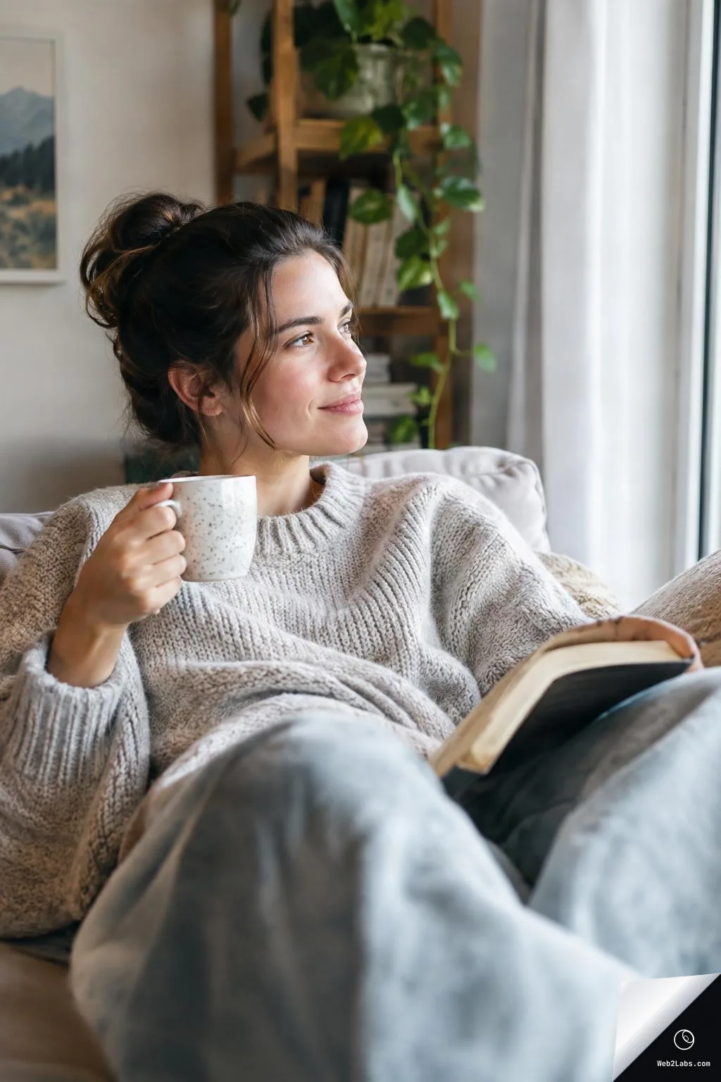 Woman in a knitted sweater relaxing on a couch by a bright window, holding a speckled mug with an open book on her lap, looking out thoughtfully.
