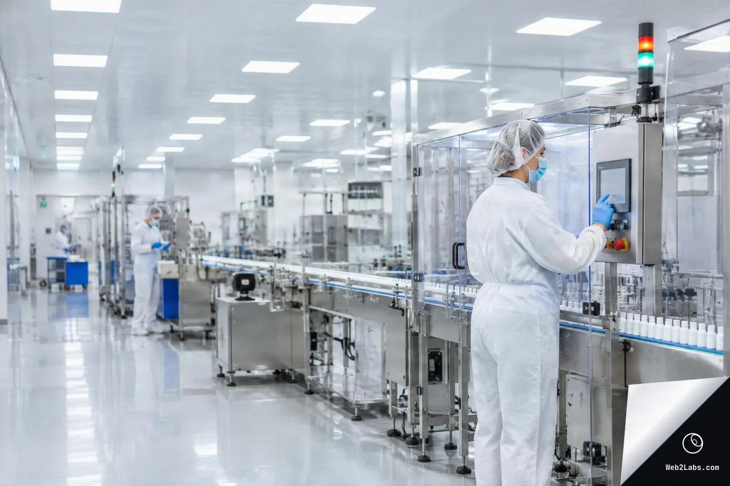 Worker in a white cleanroom suit, hairnet, mask, and gloves operates a touchscreen control panel next to an enclosed conveyor line in a bright sterile manufacturing facility.