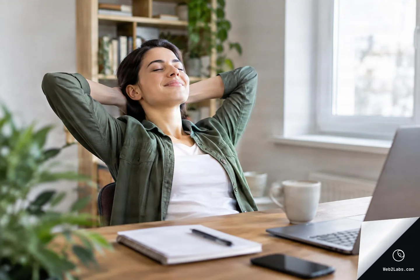 Woman sitting at a desk in a home office leans back with eyes closed and hands behind her head, smiling in relief; laptop, notebook, phone, and a coffee mug on the table near a bright window.