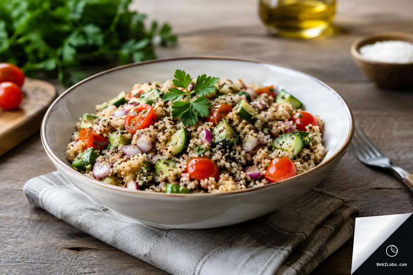 Ceramic bowl filled with quinoa salad with cucumber, cherry tomatoes, red onion, and herbs on a folded napkin on a wooden table, with blurred parsley, oil bottle, salt dish, and fork in the background.