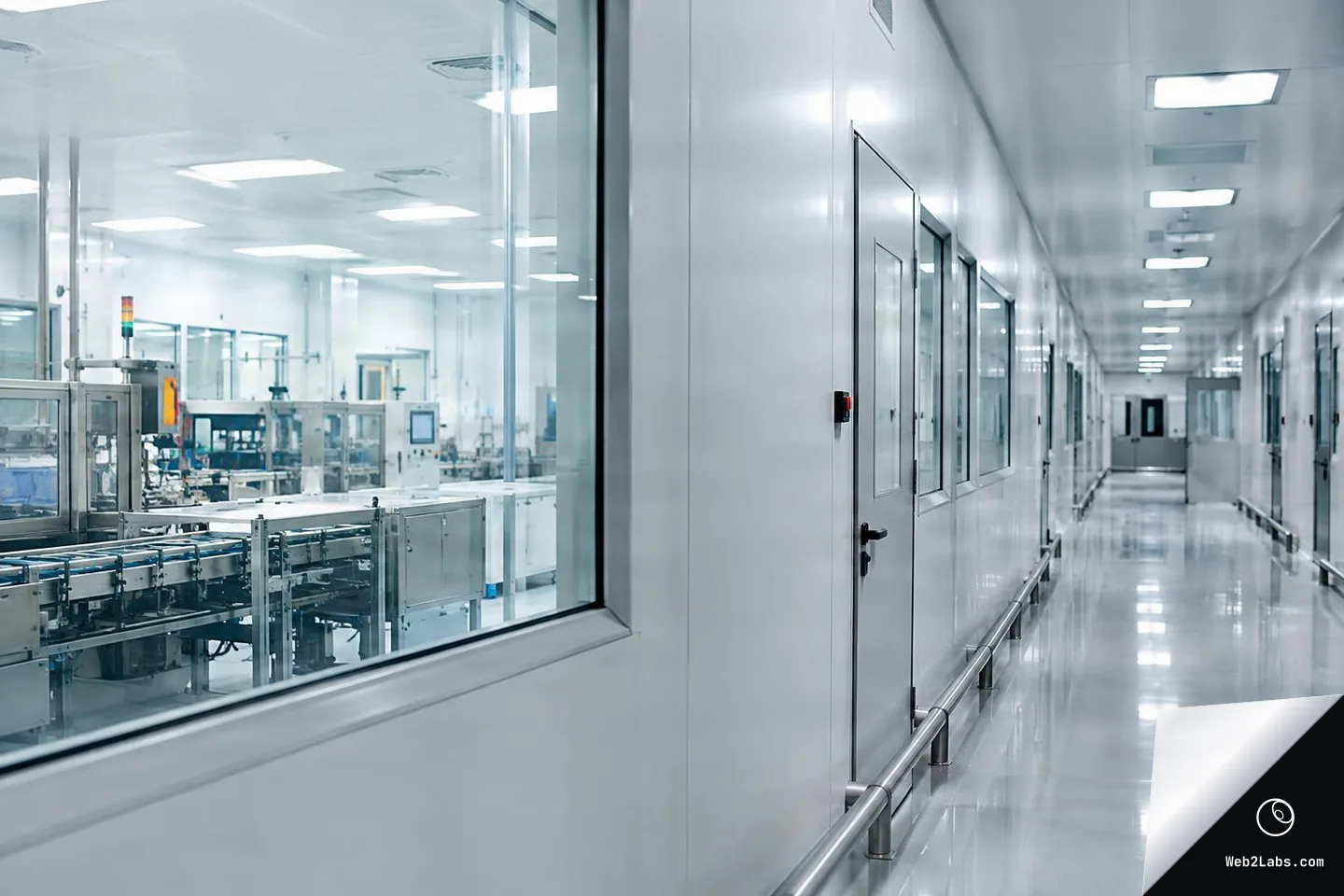 Long white cleanroom hallway with reflective floor, doors and windows on the right, and a large viewing window on the left showing industrial manufacturing equipment behind glass.