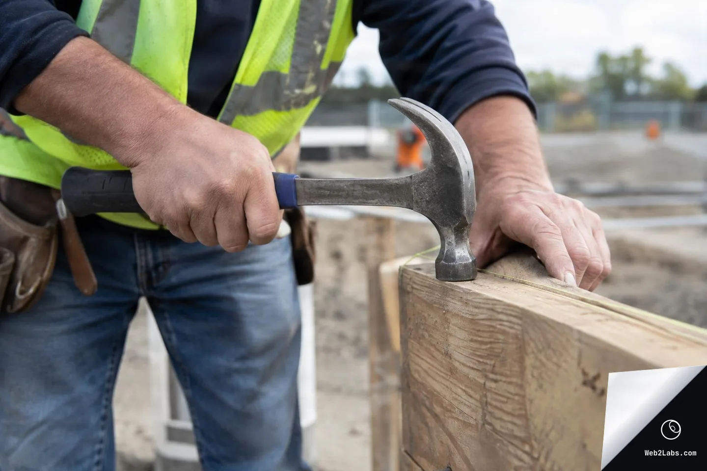 Close view of a construction worker in a safety vest holding a claw hammer and working on a wooden board at an outdoor construction site.