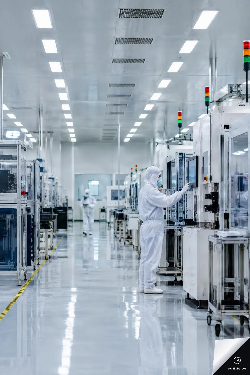 Vertical view down a bright cleanroom manufacturing corridor with rows of white industrial machines; a technician in a white cleanroom suit and mask operates a touchscreen panel, with another suited worker in the distance.