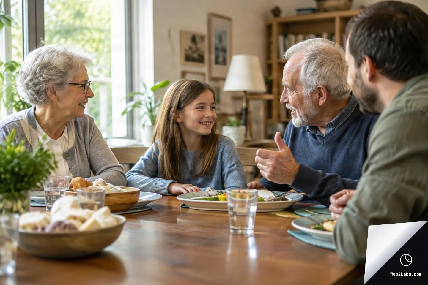 An older woman, a young girl, an older man, and a younger adult man sit around a wooden dining table with plates and glasses, smiling and talking in a bright home dining room.