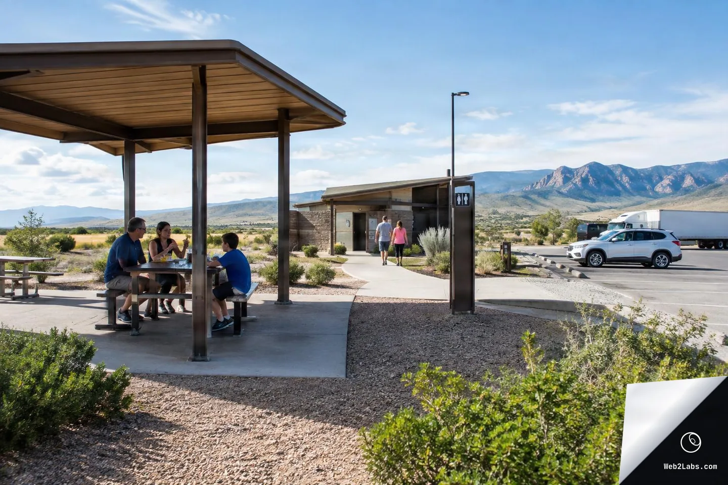 Wide view of a desert roadside rest stop with a covered picnic table where three people sit eating, a restroom building in the middle distance, and cars and a truck parked to the right with mountains in the background.