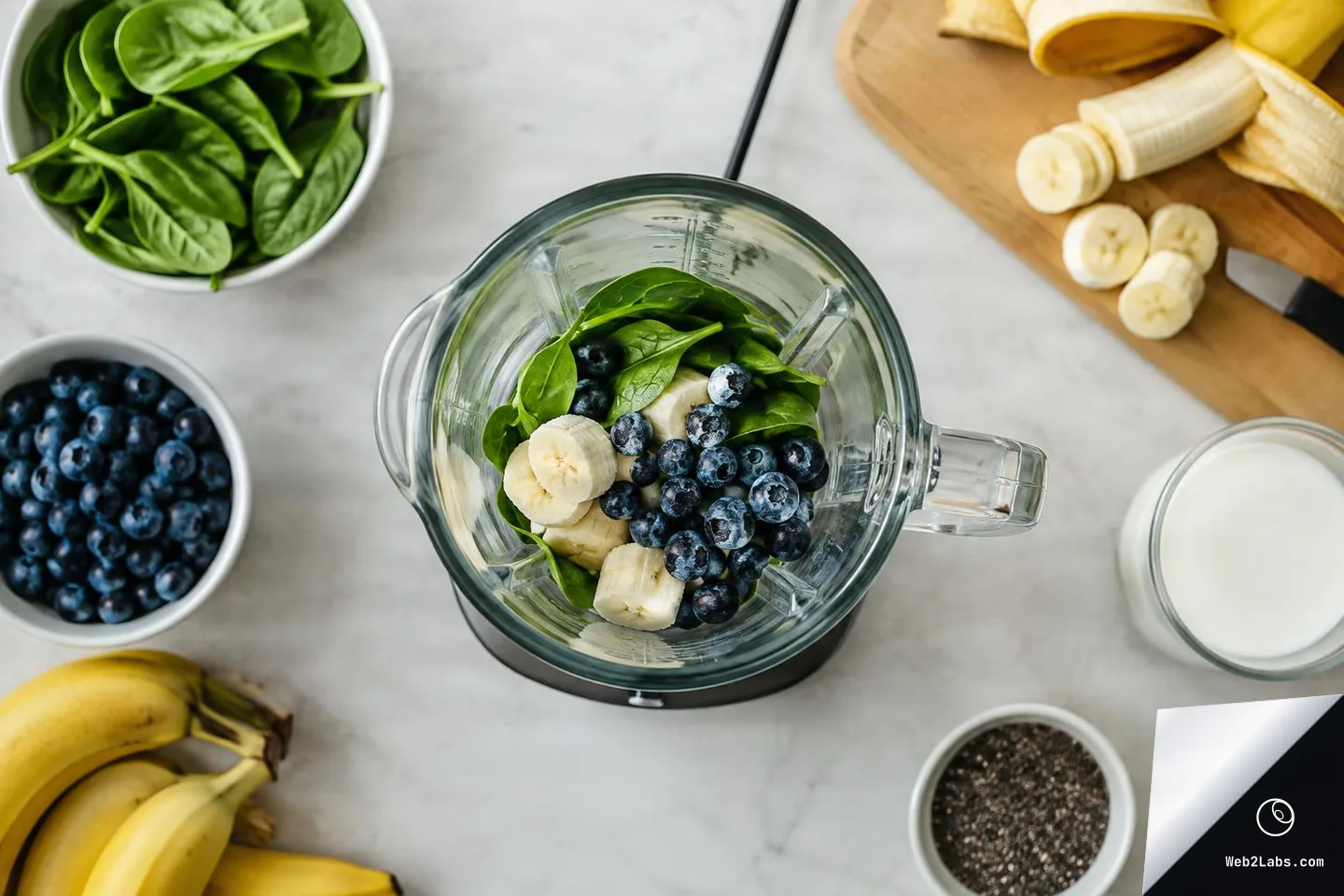 Overhead view of a blender jar filled with spinach, blueberries, and banana slices on a light countertop, with bowls of spinach and blueberries, bananas on a cutting board, a glass of milk, and a small bowl of chia seeds around it.