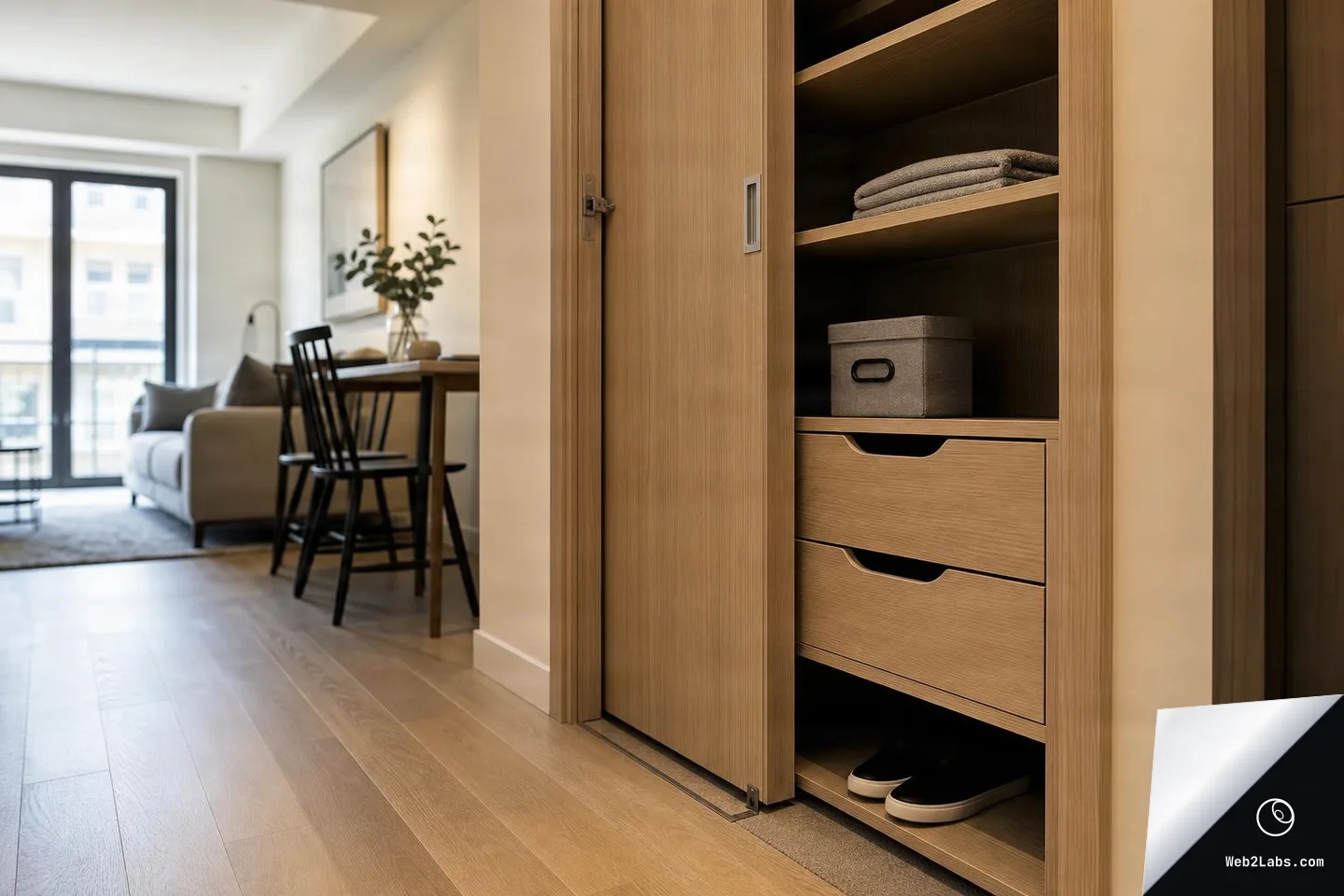 Close view of a built-in light wood cabinet in a small apartment entryway with shelves, drawers, folded towels, a fabric storage box, and shoes, with a living room and dining table blurred in the background near a bright window.