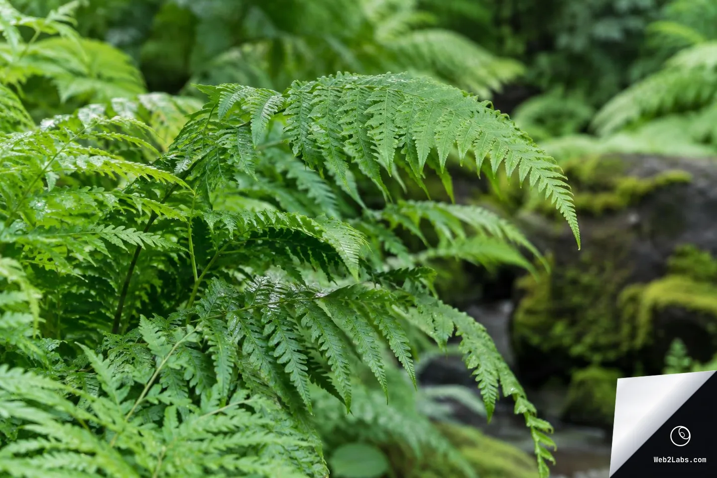 Close-up of green fern fronds with water droplets, with moss-covered rocks and a softly blurred stream or shaded garden background.