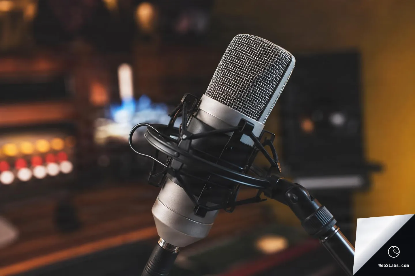 Close-up of a silver condenser microphone in a black shock mount on a boom arm, with a softly blurred recording studio background and warm bokeh lights.