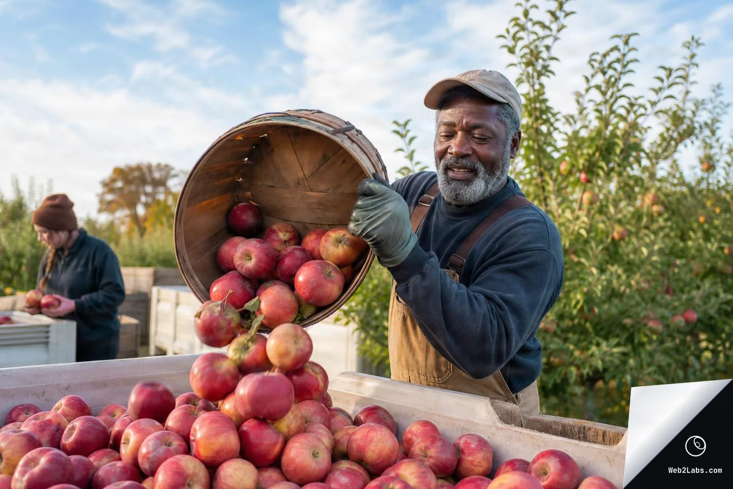 A farm worker in overalls and a cap pours red apples from a wooden basket into a large harvest bin in an orchard, with another worker blurred in the background under a blue sky.