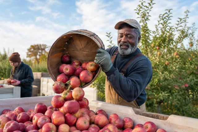 Apple Harvest Worker Pouring Bin