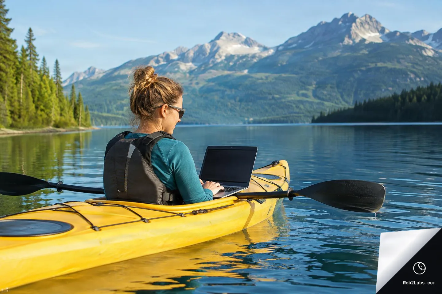Woman wearing a life vest sits in a yellow kayak on a calm lake, typing on a laptop with mountains and pine forest in the background.