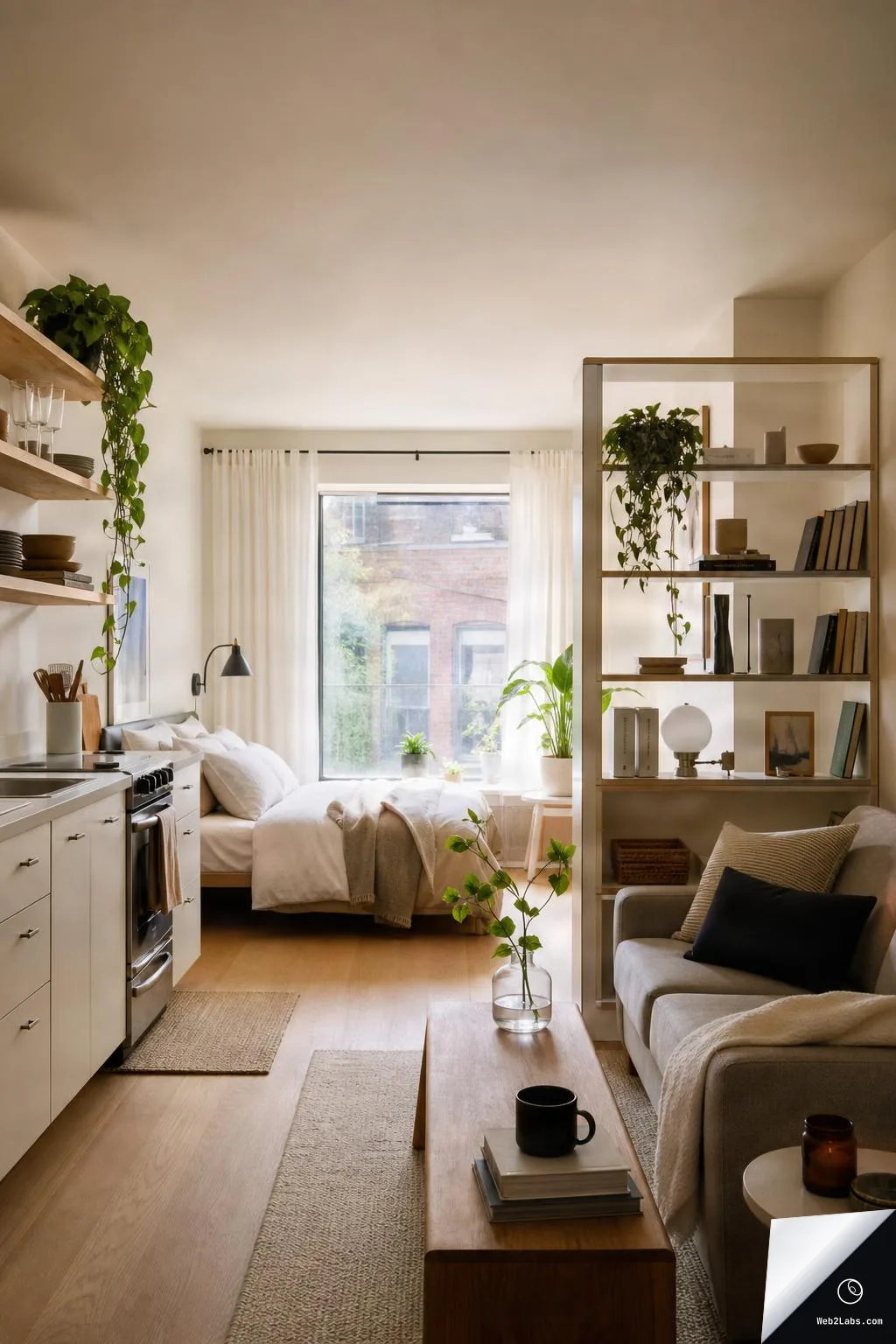 Vertical photo of a small studio apartment with a kitchenette on the left, a bed by a large window with white curtains, open shelving with books and plants, and a sofa with a coffee table in the foreground.