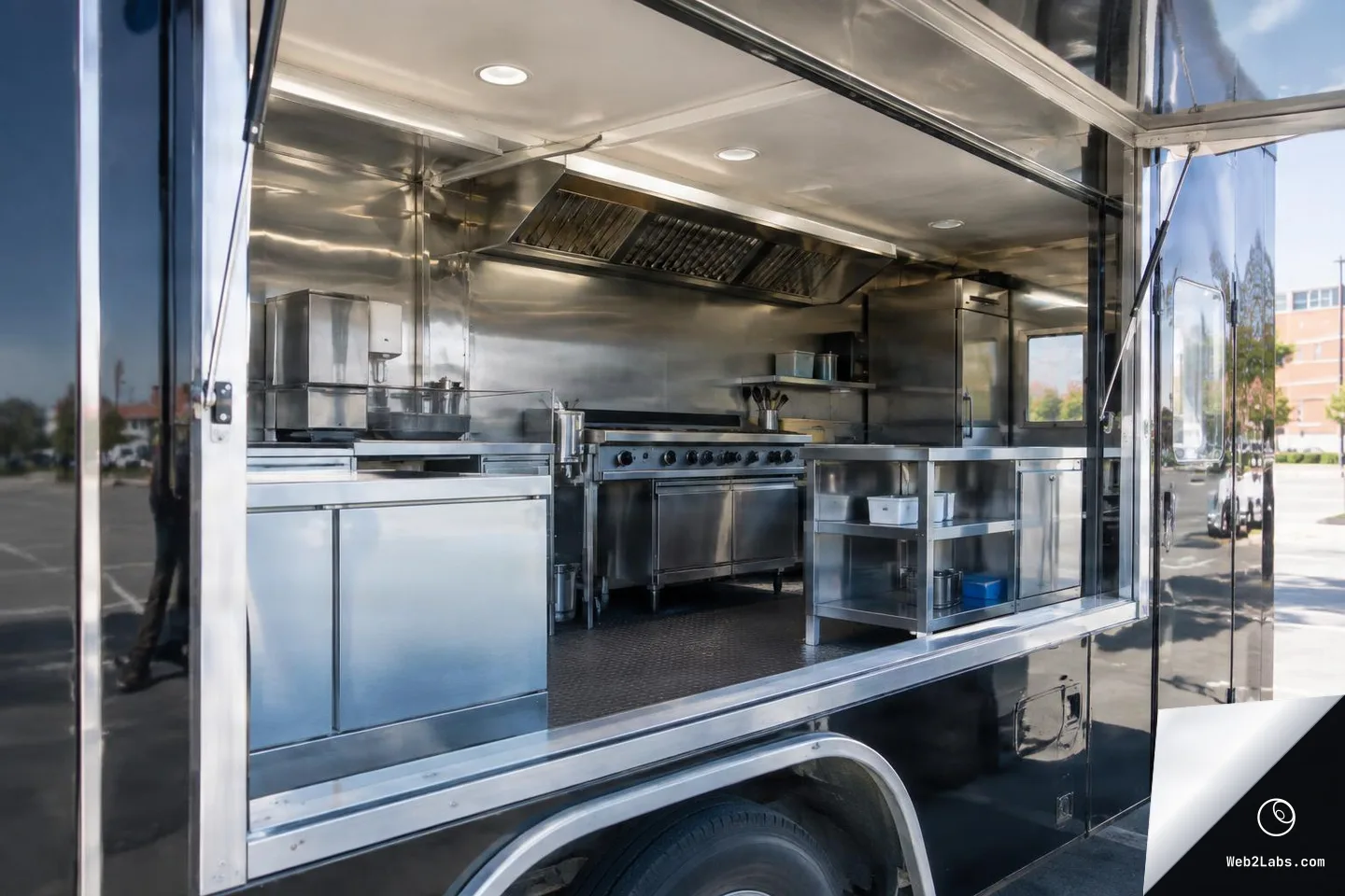Open service window view into a stainless-steel food truck kitchen with a cooking range, hood vent, prep counters, and shelves, parked outdoors in daylight.