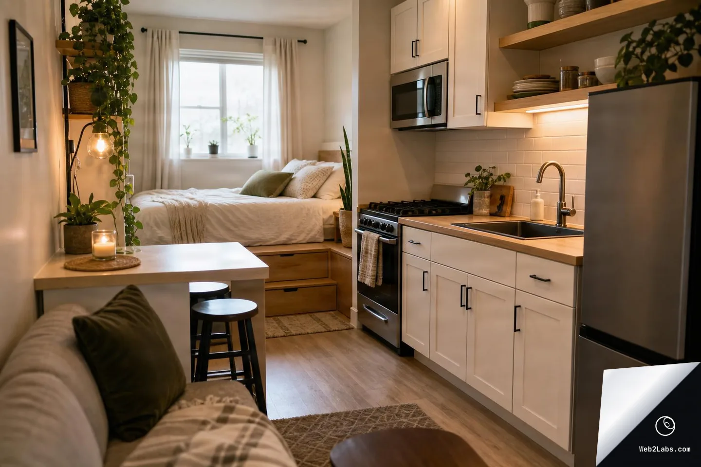 Small studio apartment interior with a compact white kitchen, bar table and stools, sofa in the foreground, and a bed by a window with plants and warm accent lighting.