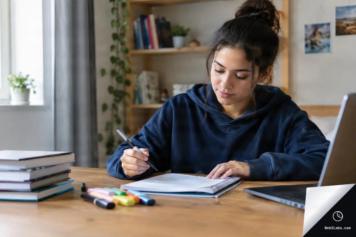 Young person in a navy hoodie writing in a spiral notebook at a wooden desk with a stack of books, colorful highlighters, and an open laptop, in a softly lit room with shelves in the background.