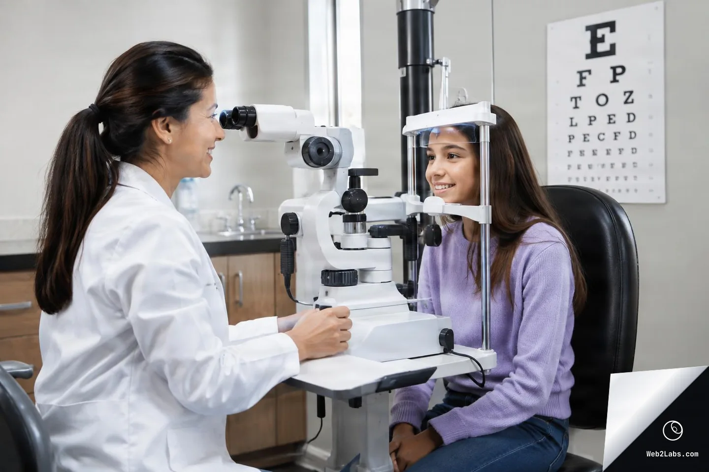 An optometrist in a white coat uses a slit-lamp microscope to examine a smiling young patient seated at the device in an eye clinic, with an eye chart on the wall behind them.