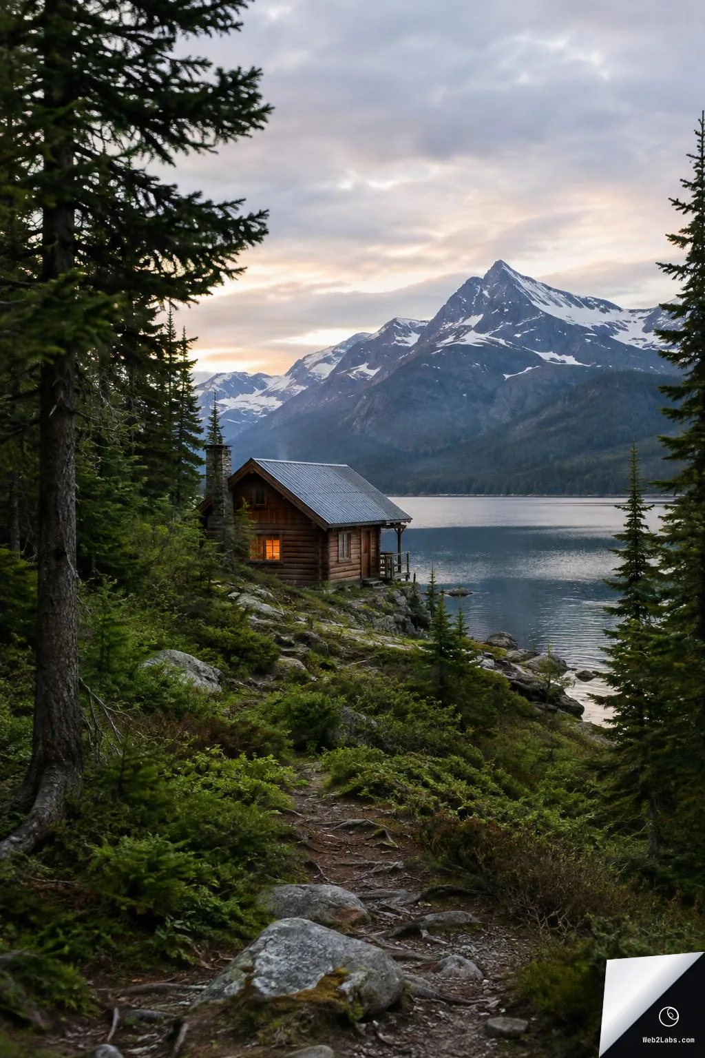 A small wooden cabin with a lit window sits on a rocky shore beside a calm lake, framed by evergreen trees, with snow-capped mountains under a cloudy dusk sky in the background.
