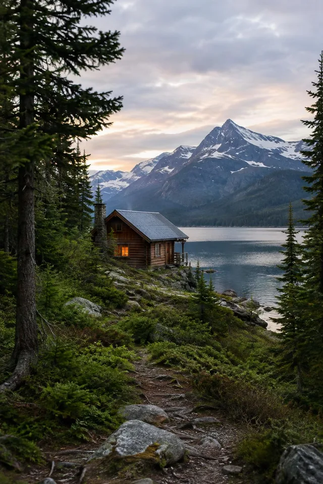 Lakeside Cabin at Mountain Dusk