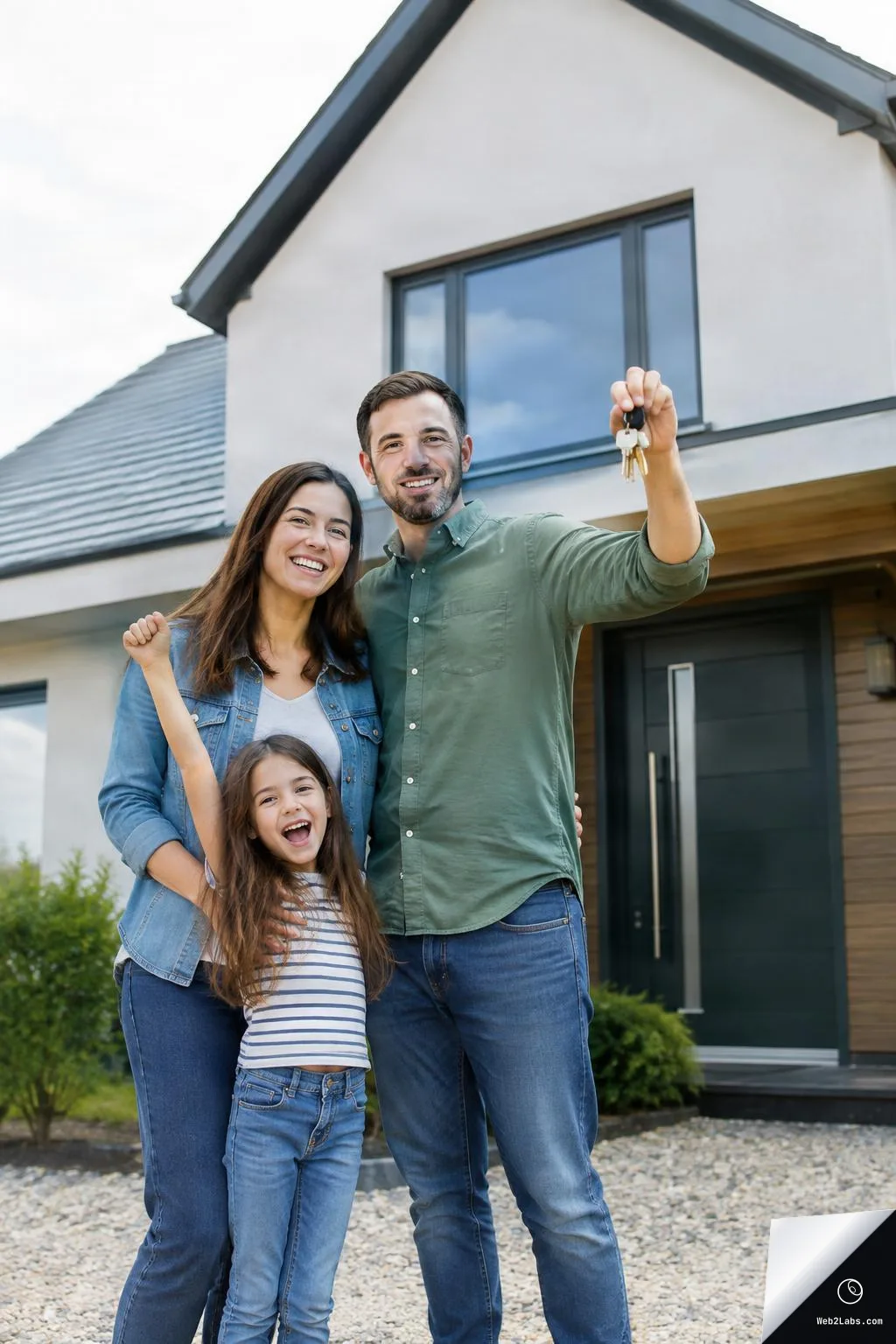 Smiling couple with their young daughter standing in front of a modern house, with the man holding up house keys in celebration.