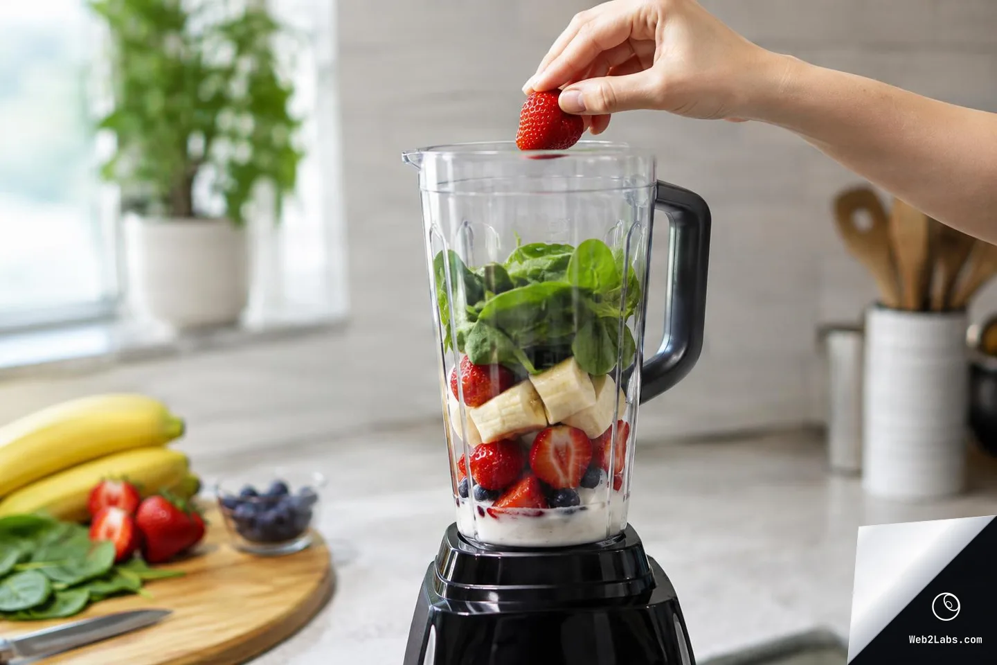 Hand placing a strawberry into a blender with spinach, banana pieces, strawberries, blueberries, and yogurt on a bright kitchen counter; bananas and berries sit on a cutting board in the background.