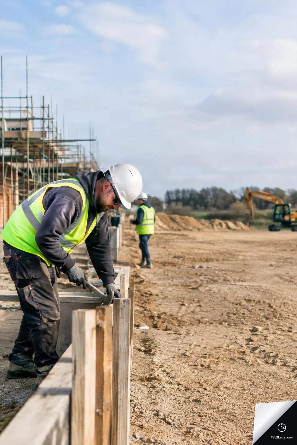 Construction worker in a hard hat and hi-vis vest adjusting wooden formwork at a building site, with scaffolding on the left and an excavator in the distance under a cloudy sky.
