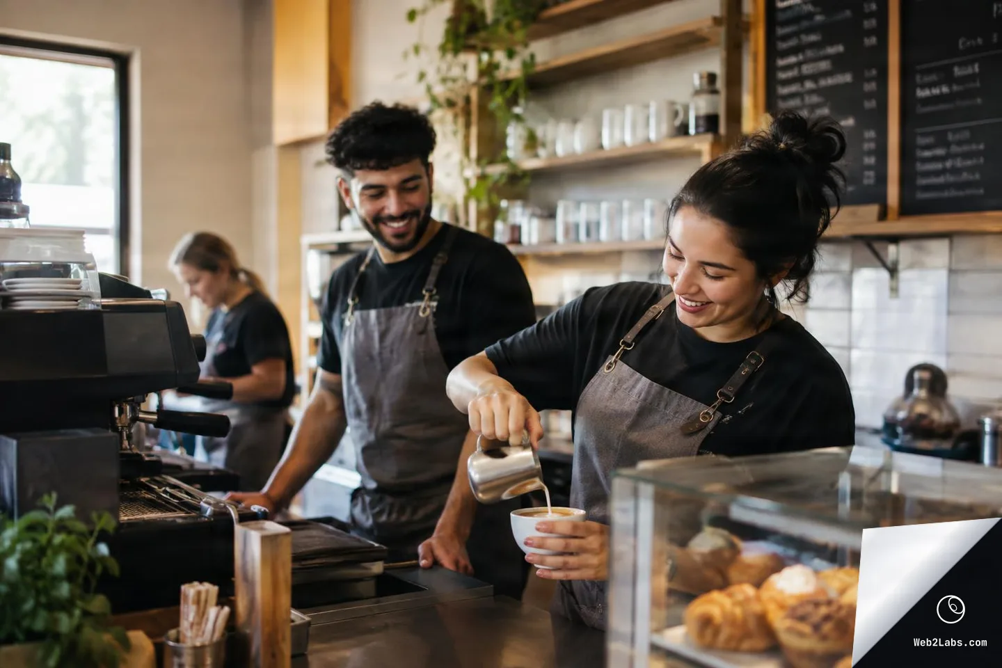 A barista in an apron pours steamed milk into a cup at a café counter while a smiling coworker stands behind her and another worker is in the background near the espresso machine; pastries sit in a display case and a menu board hangs on the wall.