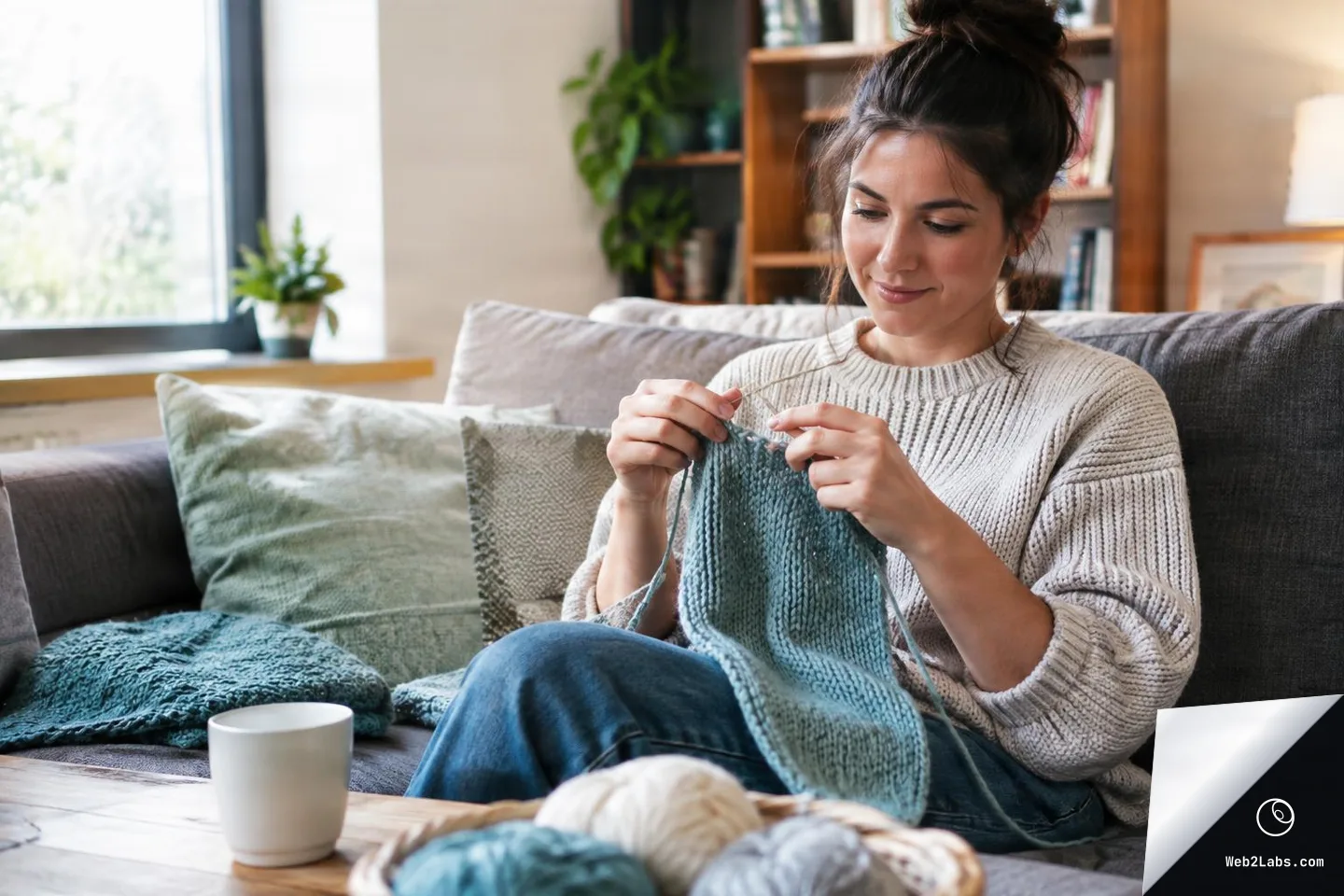 Woman sitting on a gray sofa knitting a blue fabric piece with needles, with balls of yarn and a white mug on a coffee table in a bright living room.