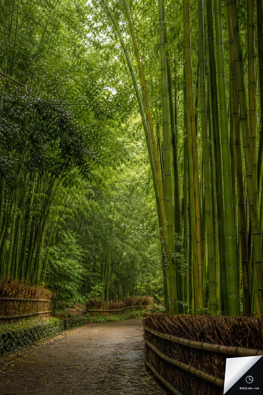 A winding path through a lush bamboo grove with tall bamboo stalks on the right and dense green foliage overhead, bordered by low woven fences.