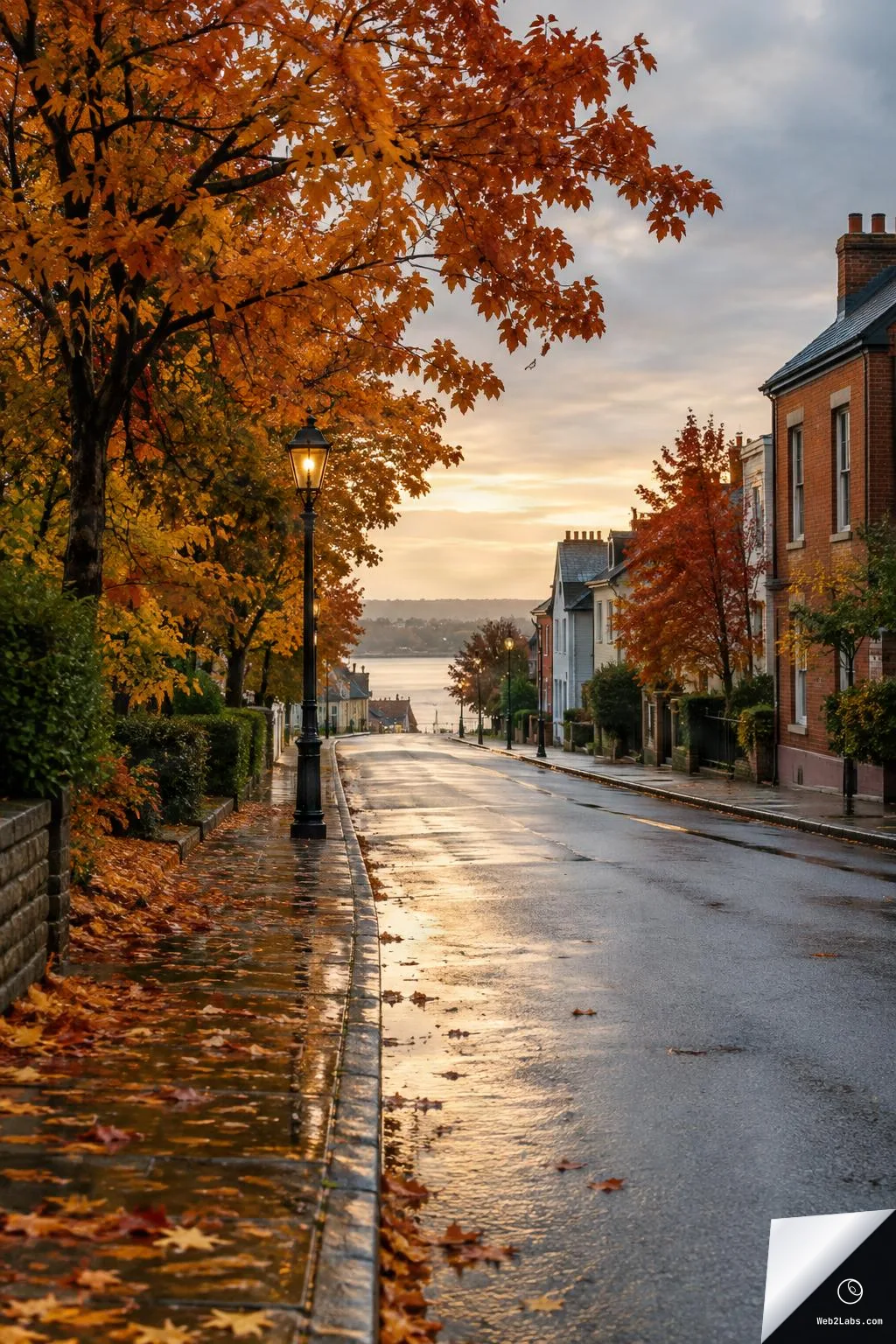 Empty wet street in a residential neighborhood with orange autumn trees and a lit lamppost, brick houses on the right, and a sunset sky over distant water at the end of the road.