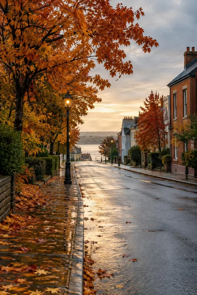 Quiet Autumn Street at Sunset