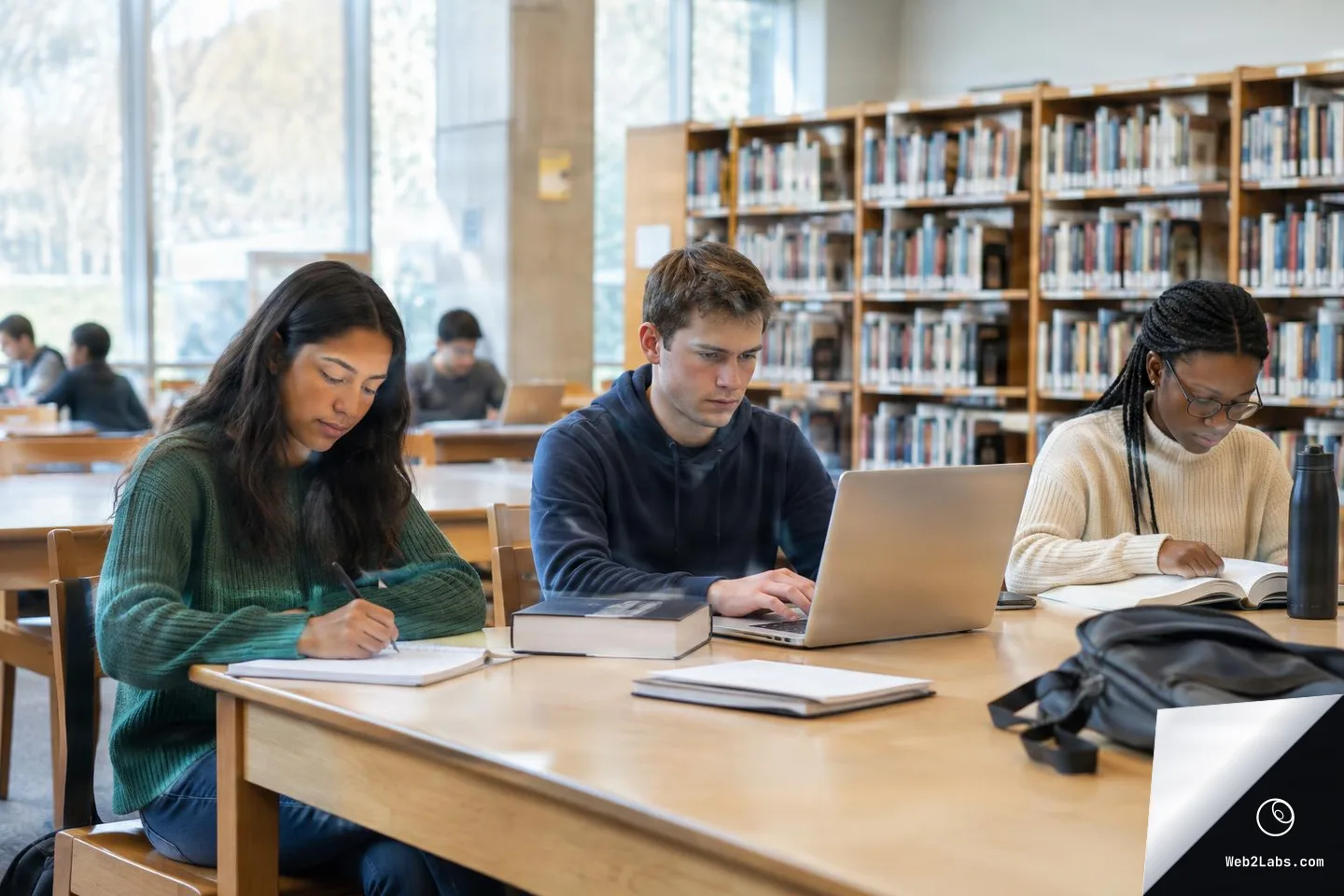 Three students sit at a wooden table in a library reading and taking notes, with a laptop, textbooks, and notebooks in front of them and bookshelves in the background.