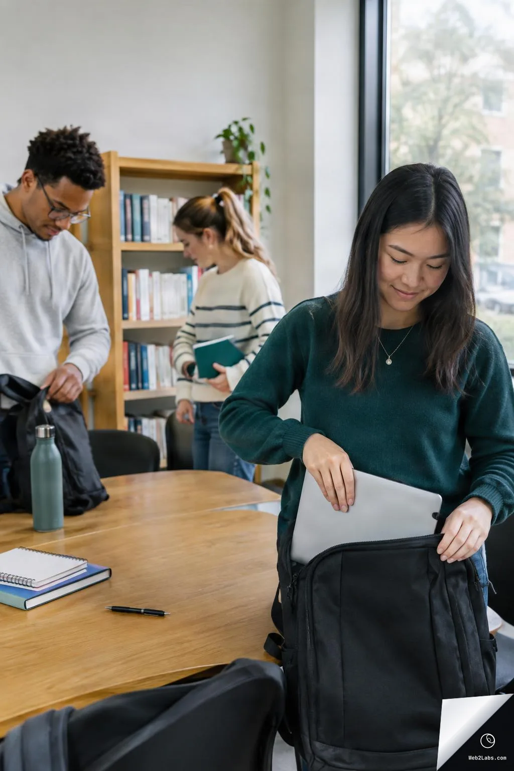University students packing up after studying, with a woman placing a laptop into a backpack in the foreground and two other students tidying near a table and bookshelf.