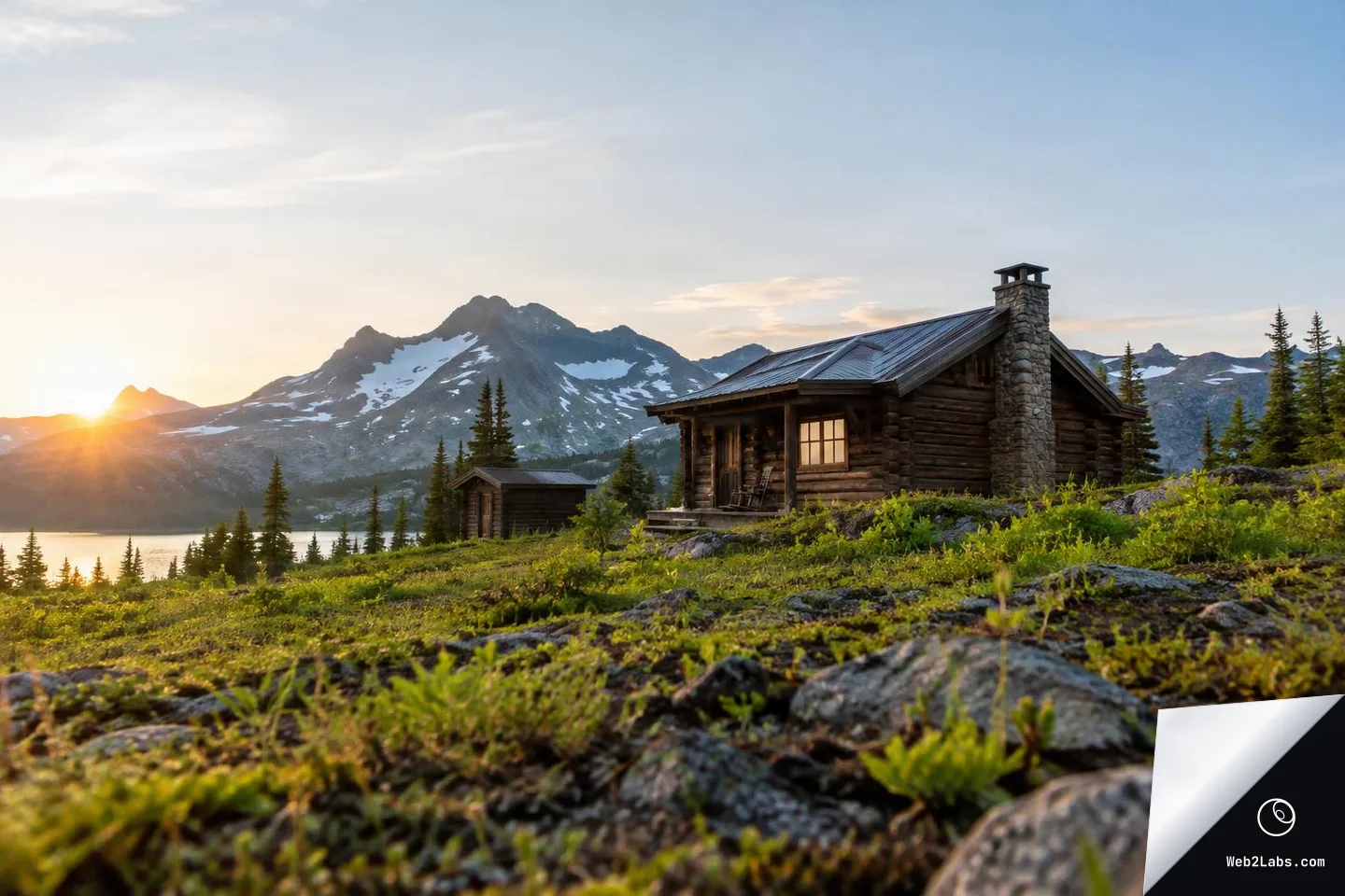 Low-angle photo of a rustic log cabin with a stone chimney on a rocky green hillside at sunrise, with evergreen trees, a lake, and snow-patched mountain peaks behind it.