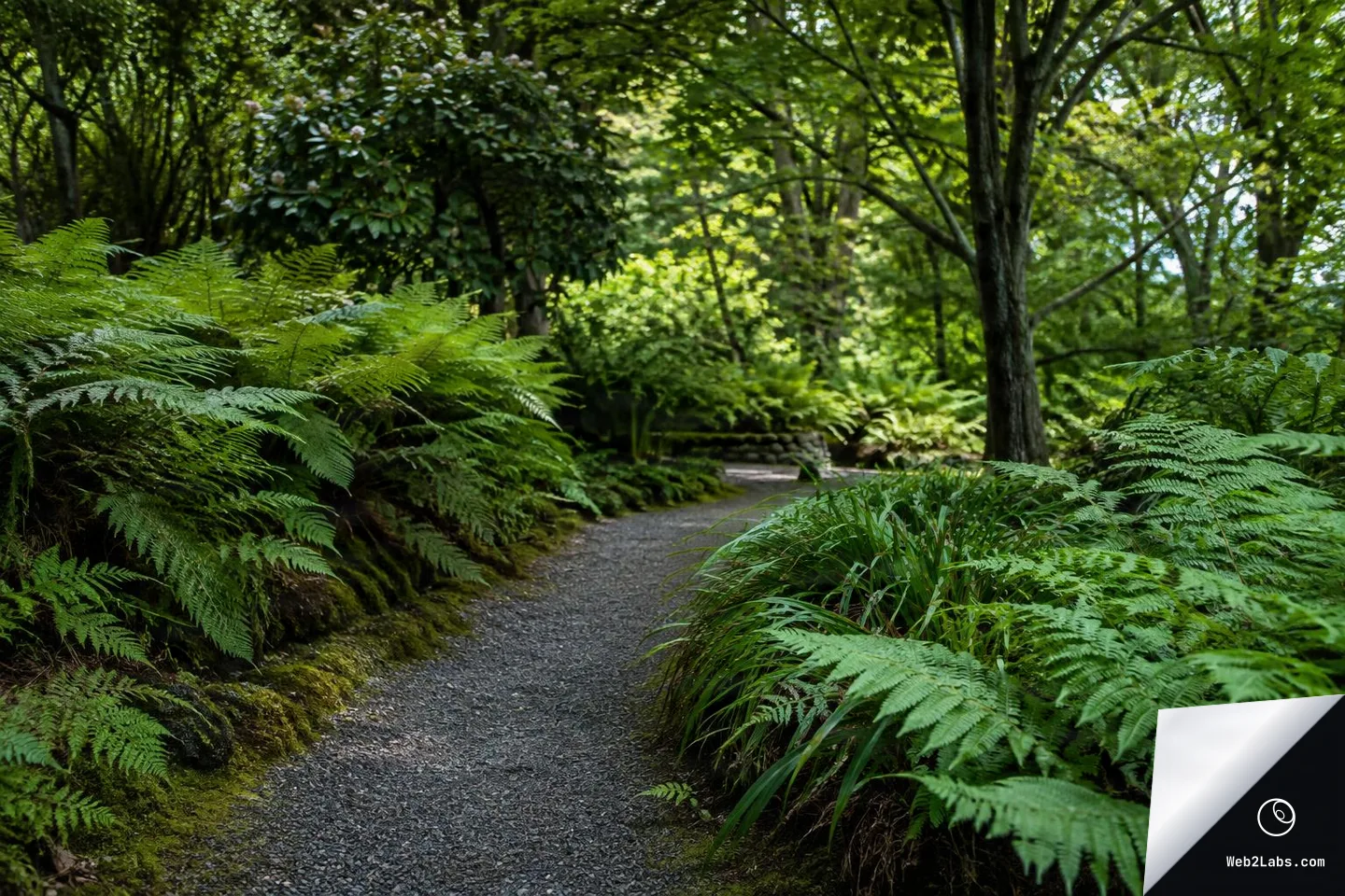 A curving gravel path in a shaded garden bordered by dense green ferns and mossy ground, with tall trees and soft daylight filtering through the canopy.