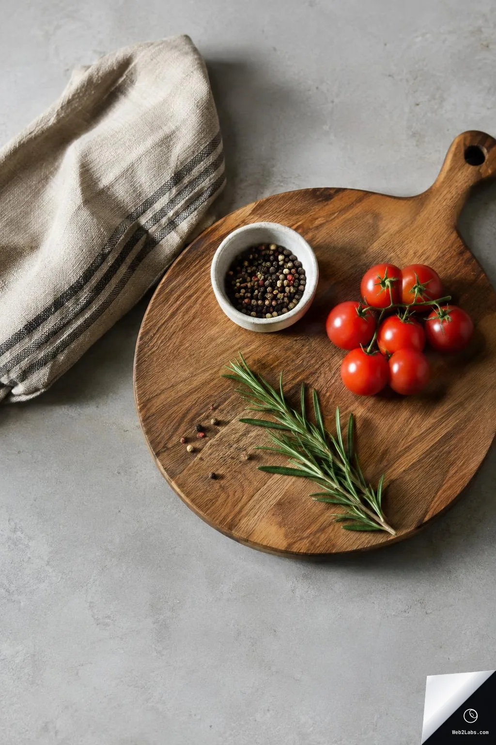 Top-down view of a wooden cutting board on a gray concrete surface with a linen towel, a small bowl of peppercorns, vine tomatoes, and a rosemary sprig, with open space below.