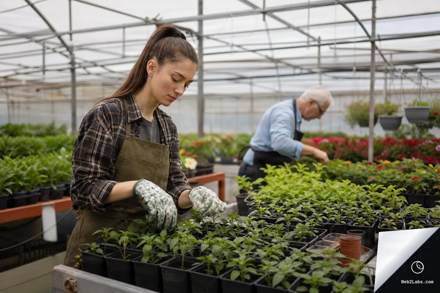 Young woman in an apron and gardening gloves tends small seedlings in black pots on a table inside a greenhouse, with an older man working among flowering plants in the background.