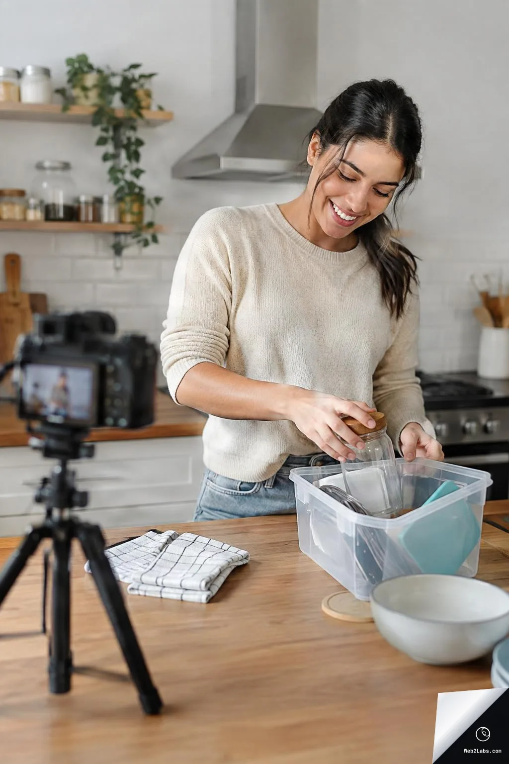 Woman in a bright home kitchen putting a glass jar and utensils into a plastic storage bin on a wooden counter, with a camera on a tripod in the foreground recording.