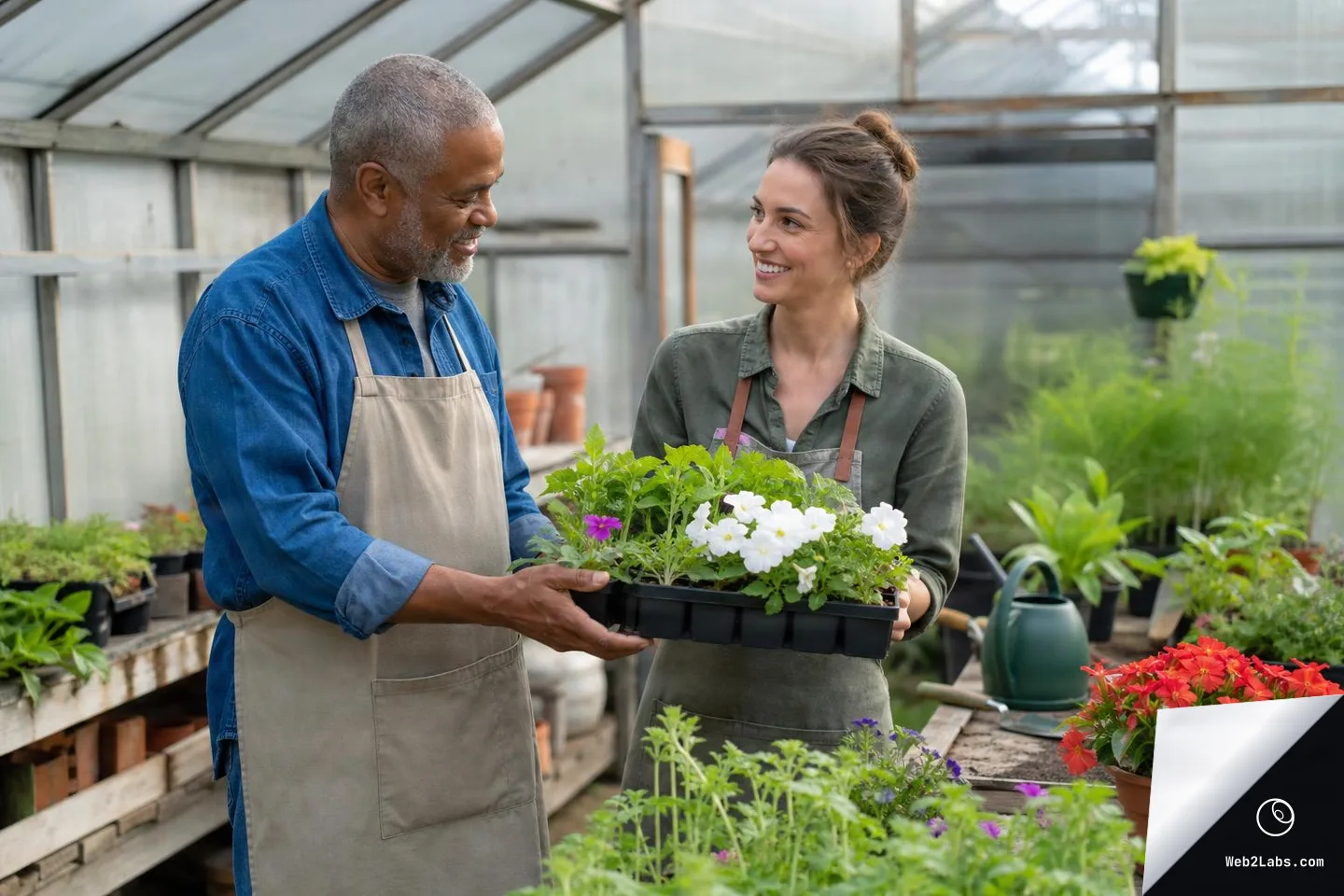Man and woman in aprons holding a tray of flowering seedlings inside a greenhouse, with potting benches, watering can, and potted plants in the background.